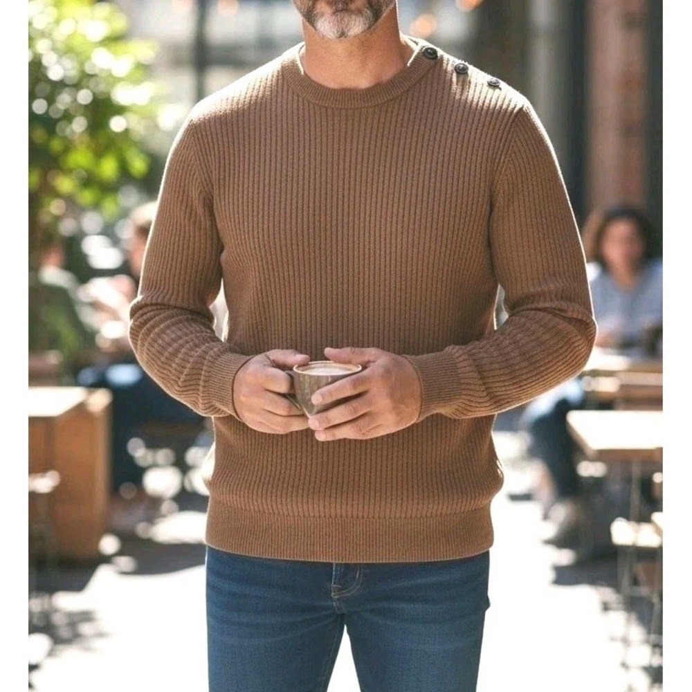 Brunello Cucinelli Ribbed Knit Sweater Mens IT 54 US 44 XL Brown Crested Buttons